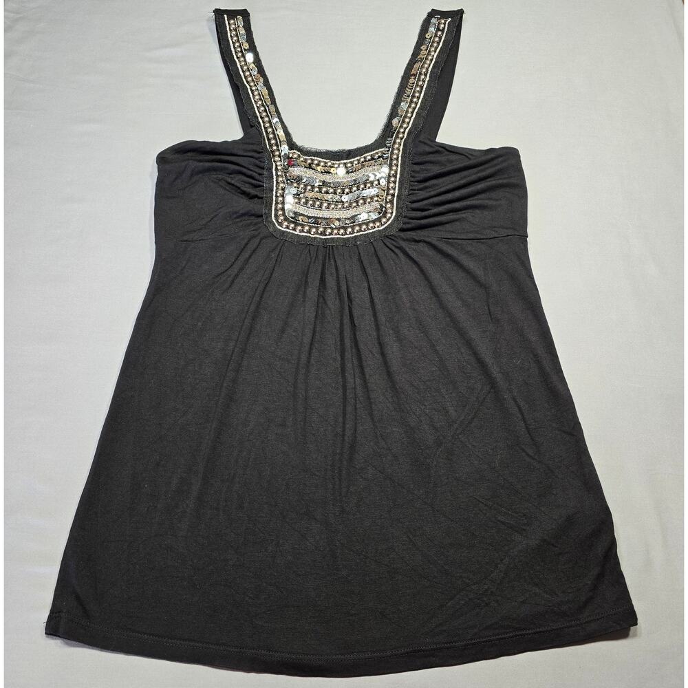 i.ner Black Tank Stretch Y2k Studded Pleated Square Neck Wide Strap Women Size S